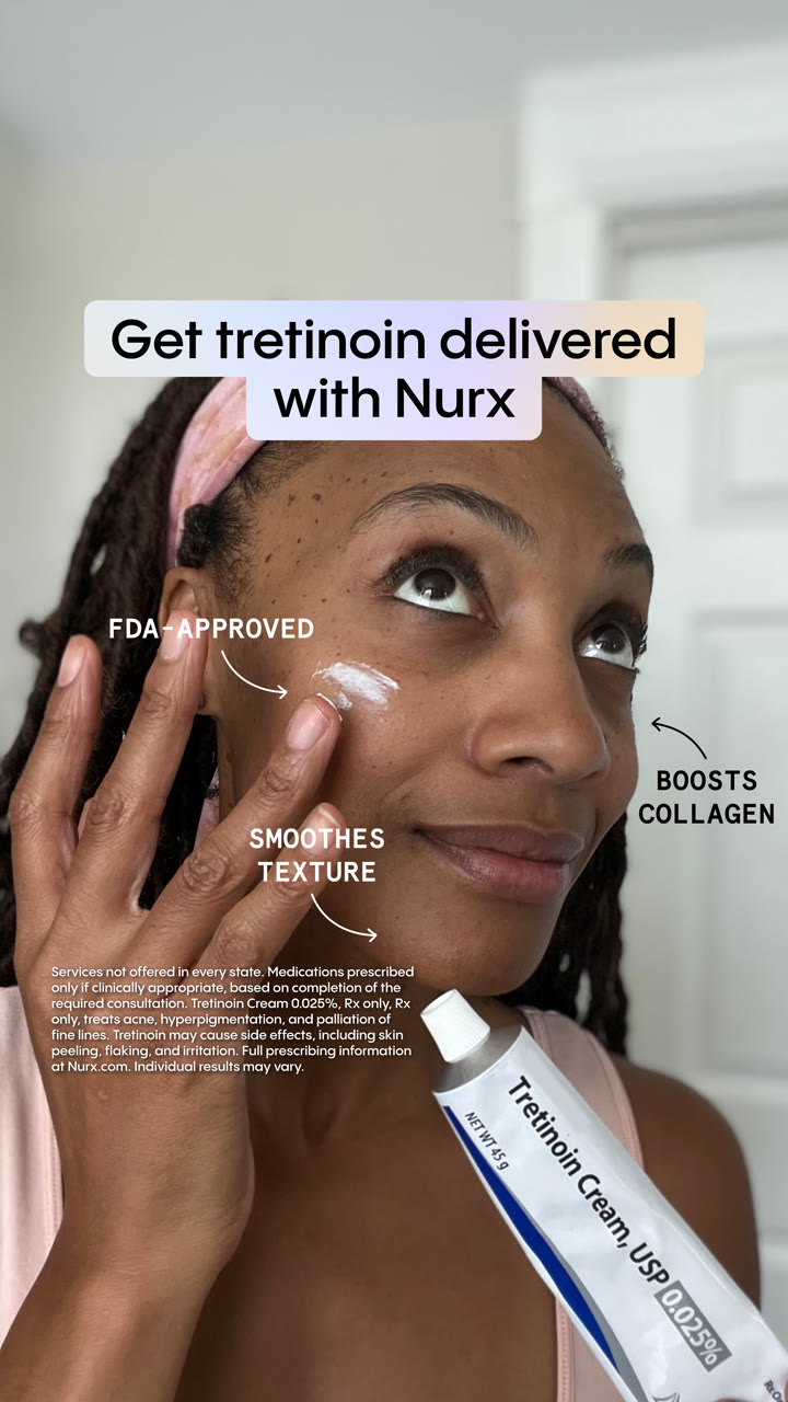 Static ad: creator applying tretinoin with benefit callouts